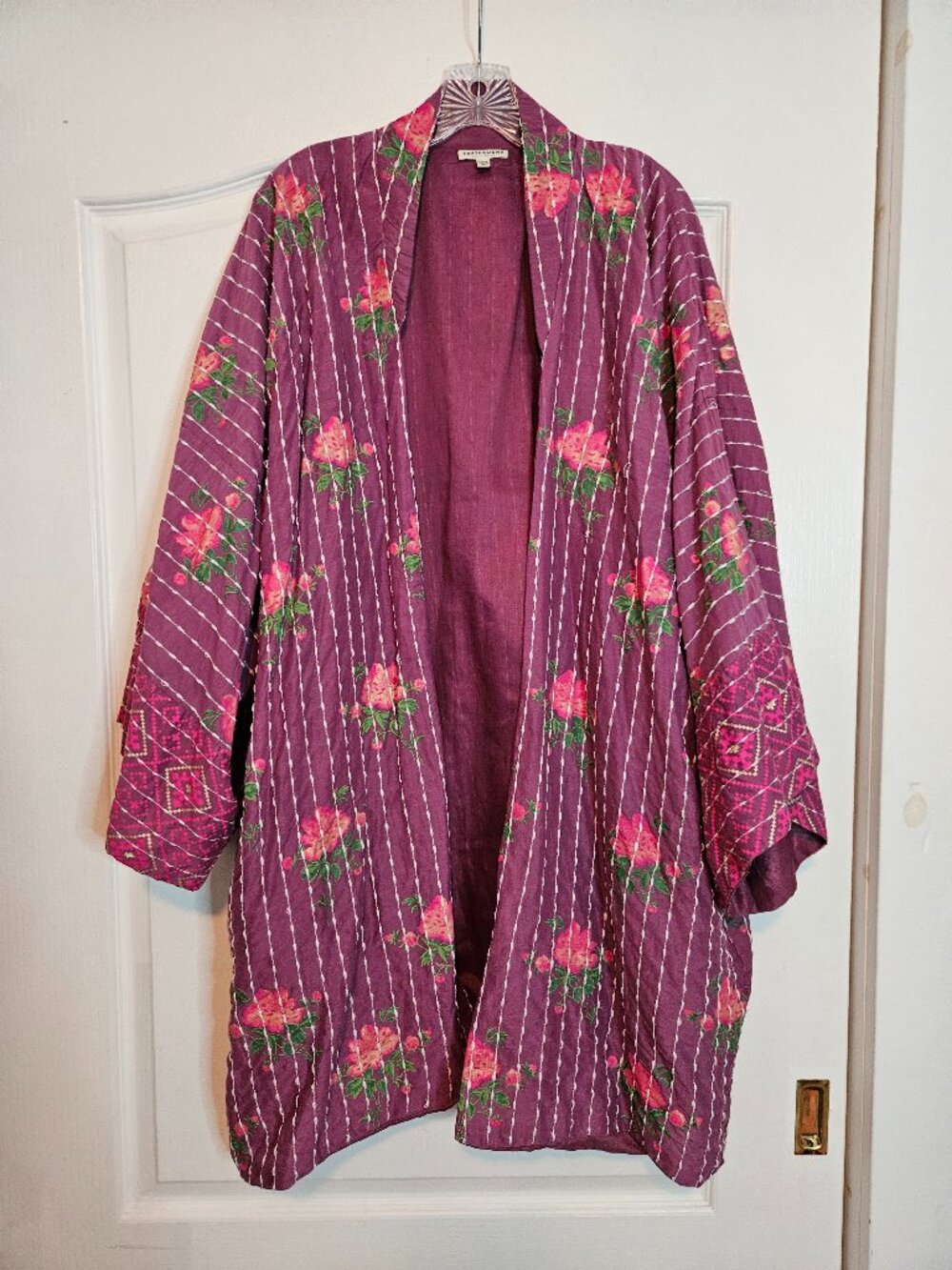 EARTHBOUND TRADING CO Floral Stripe Cotton Kimono Jacket Pockets Oversized M L